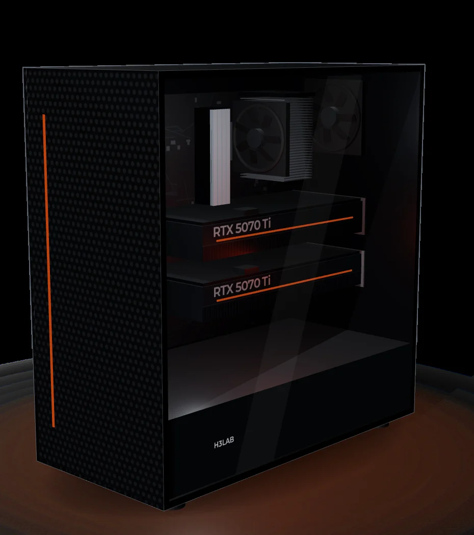 H3LAB AI 영상 워크스테이션 TEAM 구성 예시 — RTX 5070 Ti 두 장이 장착된 검정 케이스
